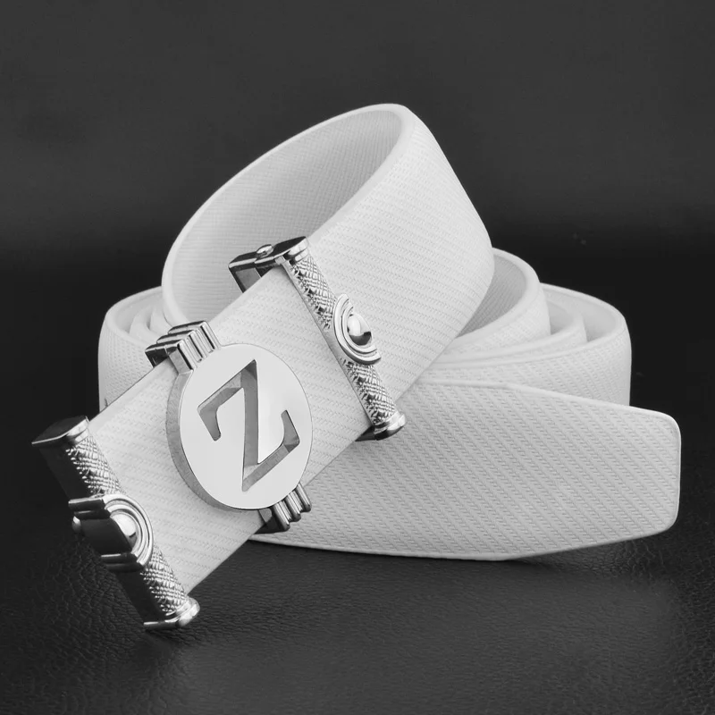 White Silvery buckle Дизайнерские мужские ремни высокого качества с буквенной пряжкой белого цвета, ремень из натуральной кожи, мужской модный роскошный ремень из коровьей кожи - Цвет: White Silvery buckle