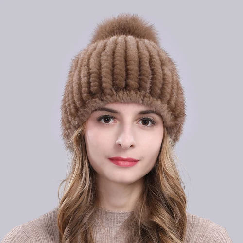 brown Lovely Real Mink Fur Hat Women Winter Knitted Real Mink Fur Beanies Hats With Fox Fur Pom Poms New Thick Real Mink Fur Cap - Color: brown
