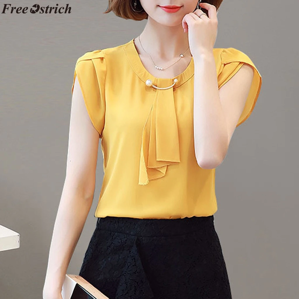 Женская летняя шифоновая короткая тонкая футболка с круглым вырезом и коротким