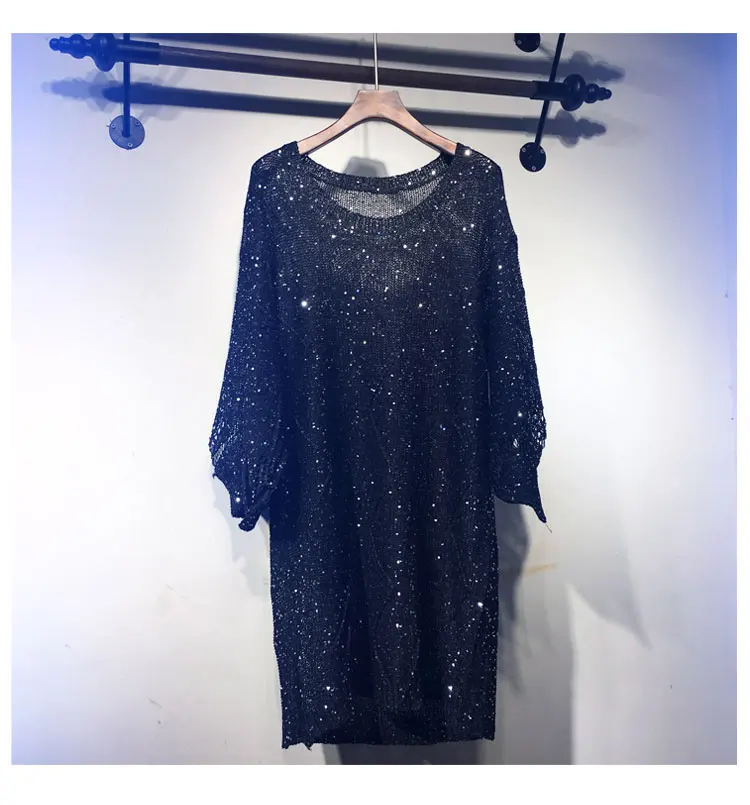 Cakucool блестками мини-платье с длинными рукавами на весну Бисер Vestidos Блестящий Золотой Люрекс Big с О-образным вырезом Повседневное сексуальные свободные трикотажные платья