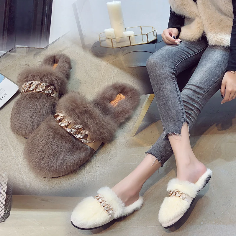 Weweya Plush Fur Home Slippers Women Indoor Shoes Crystal Flip Flops Woman Slides Mule Rhinstone Retro | Обувь