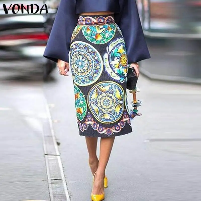 VONDA, винтажная юбка, летняя, для женщин, сексуальная, OL, для офиса, для девушек, с цветочным принтом, миди, юбки с высокой талией, бодикон, Vestidos размера плюс, 5XL