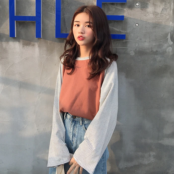 

Футболка YouGeMan Женская весенняя одежда корейский стиль Ulzzang Harajuku шикарная полосатая Лоскутная футболка с длинным рукавом для женщин футболк...