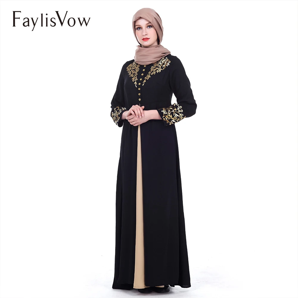 Мусульманское платье Abaya в Дубае черное однотонное с золотым принтом вечернее