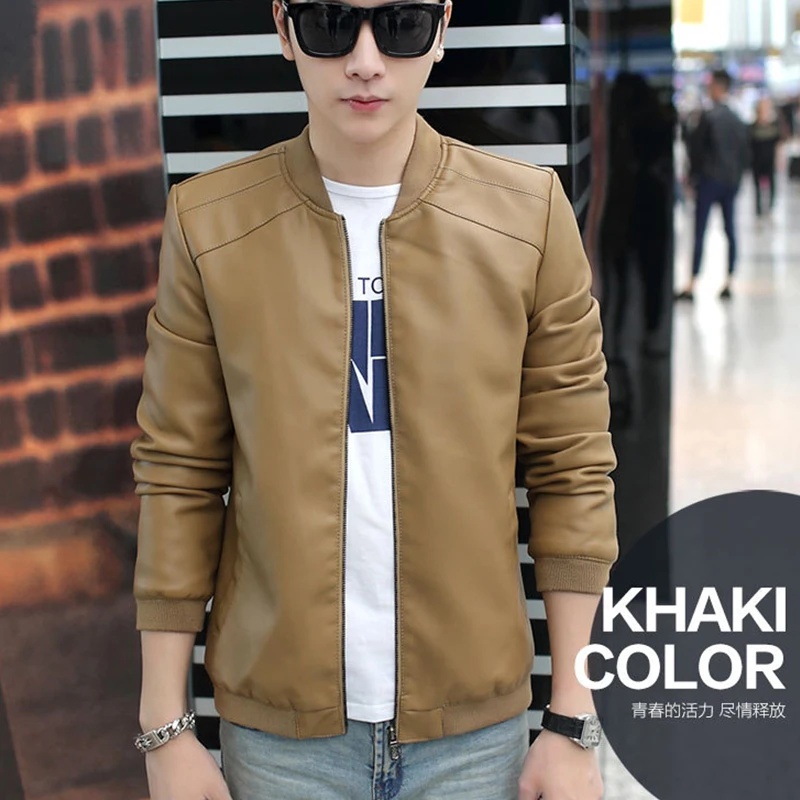 Демисезонная тонкая куртка Бейсбольный воротник однотонная простая из ПУ кожи