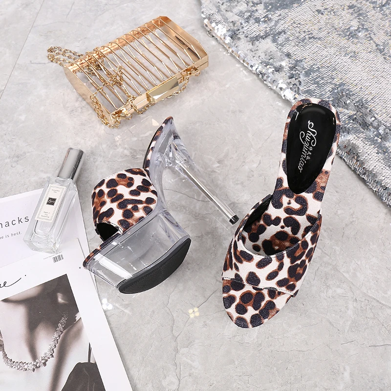 Shoes Woman New Platform Slippers Transparent Crystal Leopard High Heels 15cm Waterproof Shoes Big Size Female Slippers