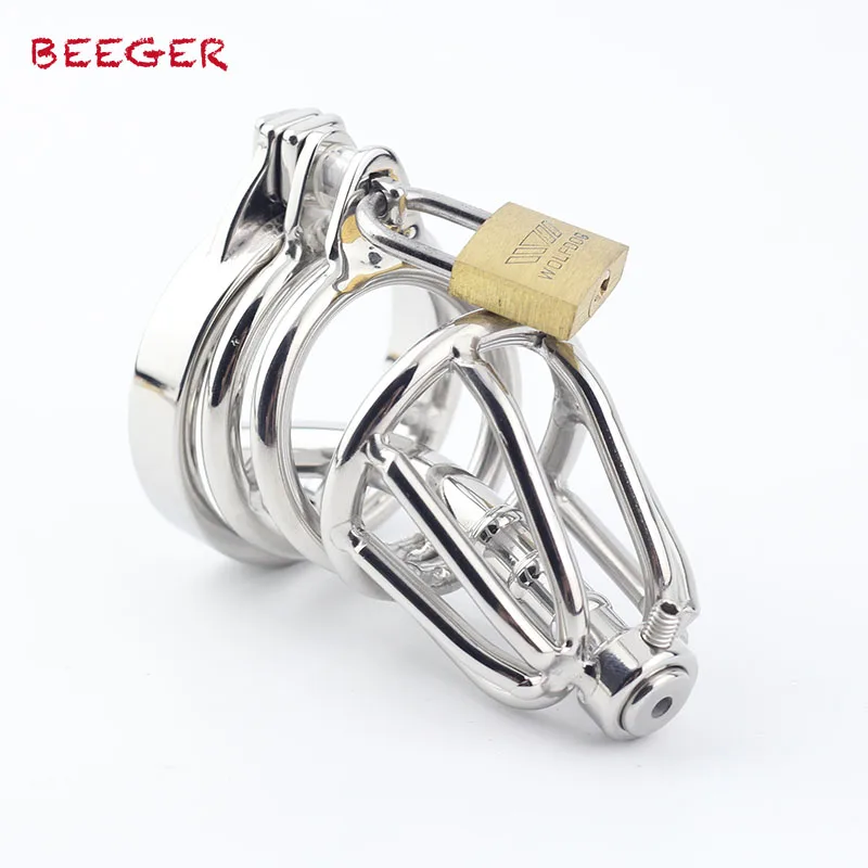 

BEEGER Male penis metal lock,Stainless Steel Chastity Cage with Urethral Insert,small novelty cage with anti slip ring