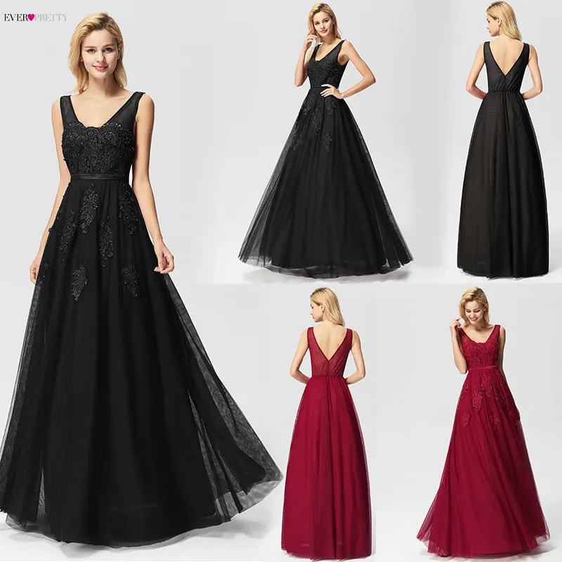 Black Prom Dresses Elegant Ever Pretty EP07723 New Arrival A-line Sleeveless Tulle Burgundy Long Party Gowns Vestido De Gala