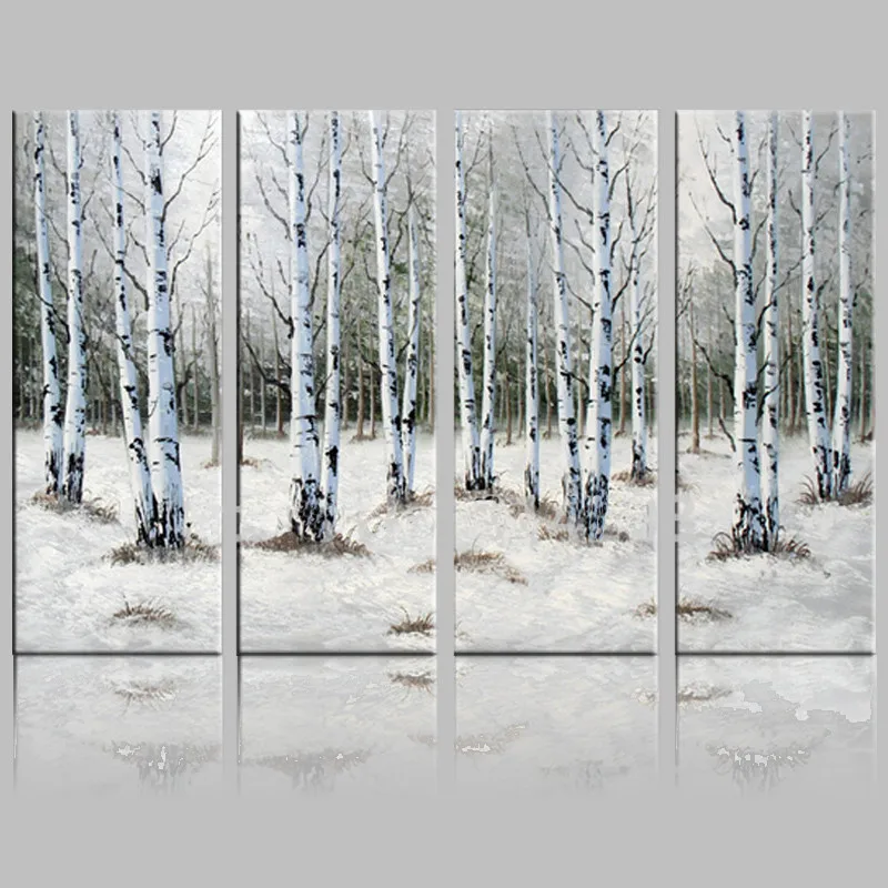 Winter Landscape Handmade White Birches Woods Oil Painting For Living Room Decoration House Furnishing Hotel Decor | Дом и сад