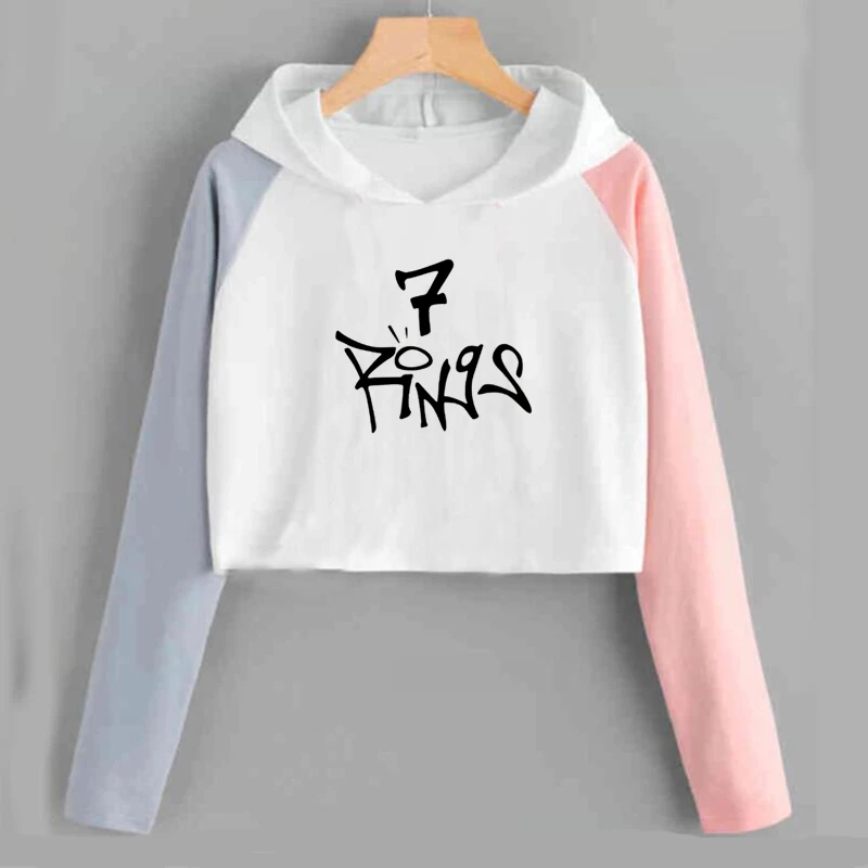 Кроп-топ с капюшоном 7 кольцами свитшот ариана гранде рубашка длинным рукавом в