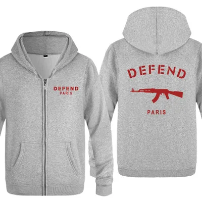 Мужские толстовки на молнии с капюшоном с принтом «Defend Paris»; сезон весна-осень; тонкая толстовка с капюшоном; студенческий стиль для взрослых; уличный стиль - Цвет: gray-2