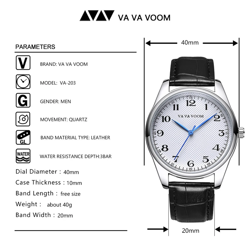 Мужские спортивные водонепроницаемые кварцевые часы VA VOOM с кожаным