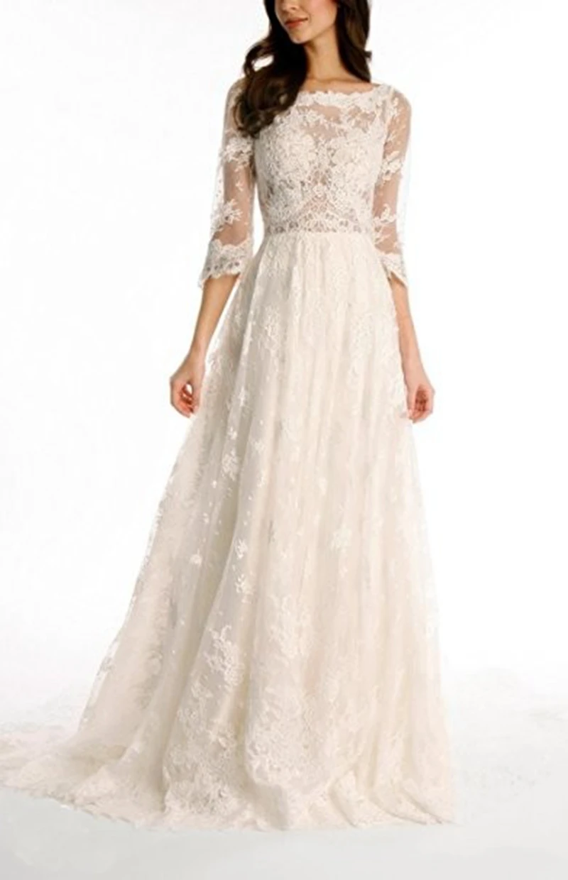 Деревенский Стиль Пляж Свадебное Платье 2017 Кружева С Рукавами Свадебные платья