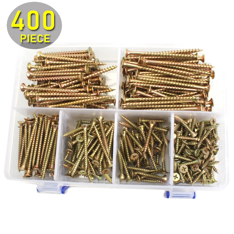 

400pcs M4 Flat Head Exterior Wood Screws Assortment Kit 20-70mm Length