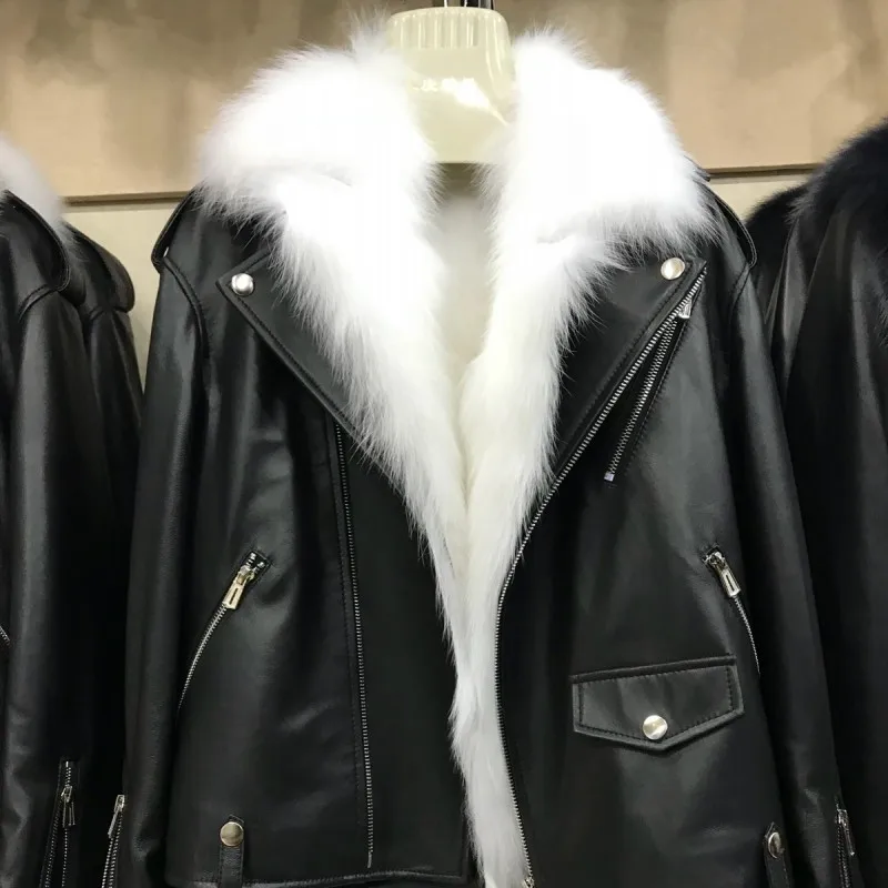 fox fur white Новинка, роскошный дизайн, 2 предмета, натуральный мех, овчина, куртка для женщин, Зимняя мода, с отворотом, натуральный Лисий мех, подкладка, натуральная кожа, байкерская куртка - Цвет: fox fur white