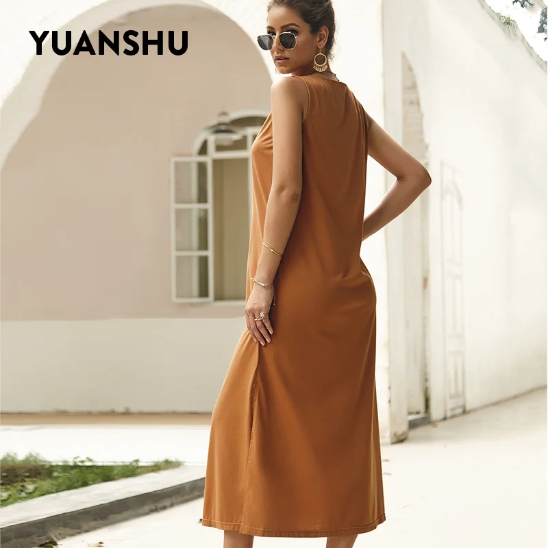 YUANSHU Elegant Maxi Dress Women Summer Solid Sleeveless V Neck Single Breasted Long Off Shoulder Office Ladies Dresses | Женская одежда