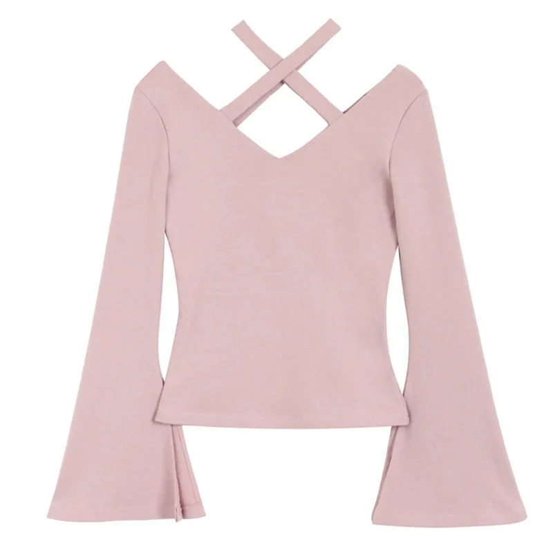 

S-4XL High Street Off Shoulder V Neck Solid Tops Hollow Out Flare Sleeve Plus Size Sexy Basic Tees