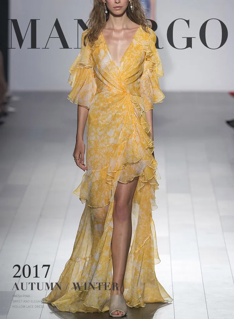Yellow 138cm Guesod женское платье Ранняя весна женское платье с красивым королевским принтом ручной работы с выемкой и v-образным вырезом - Цвет: Yellow 138cm