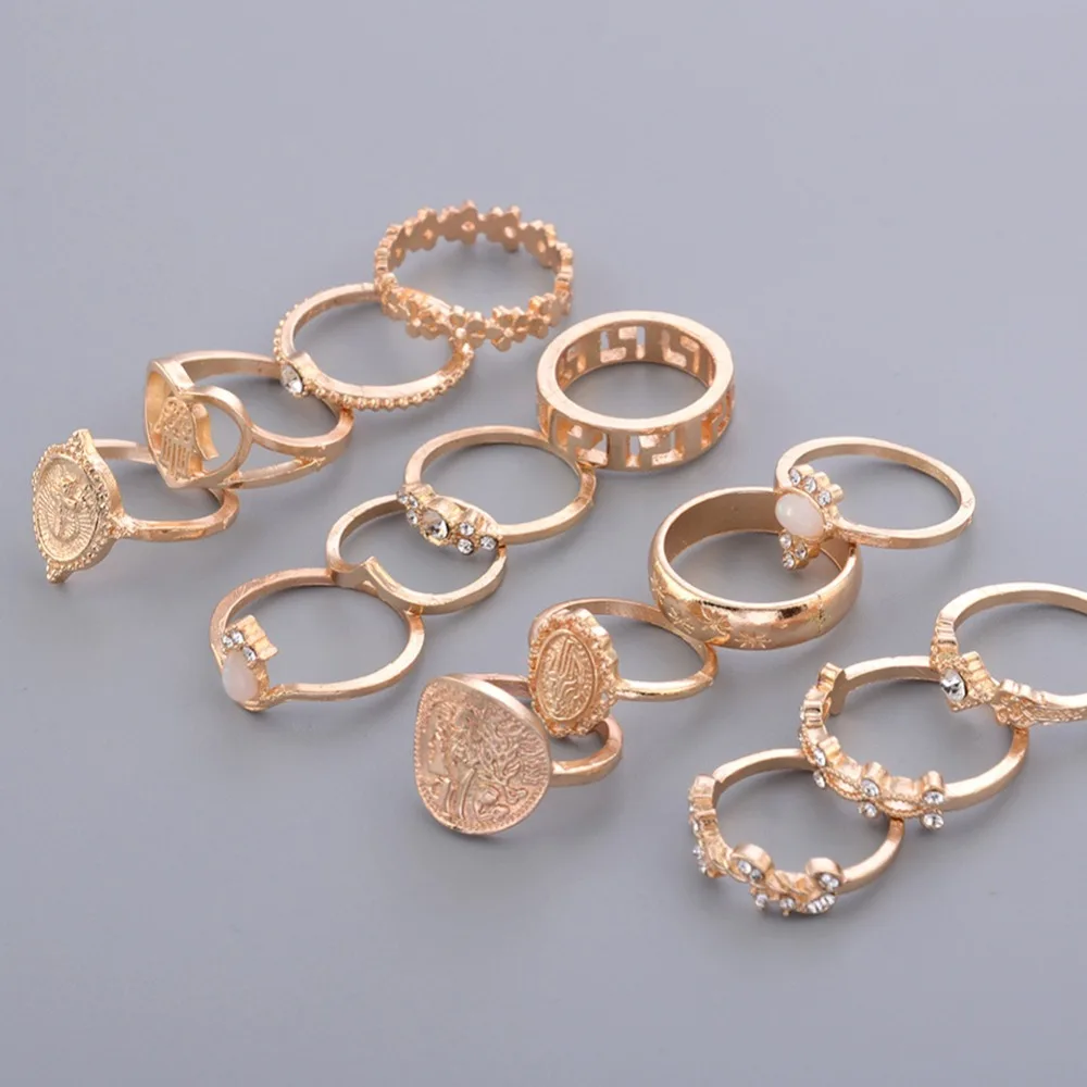 15Pcs/set Women Fashion Rings Hearts Fatima Hands Mary Cross Leaf Hollow Geometric Crystal Ring Set Wedding Jewelry | Украшения и