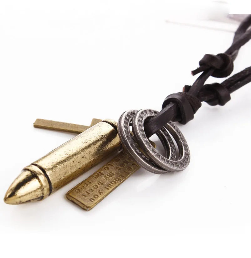 

unisex new trendy fashion long leather chain vintage bullet pendant necklace for women men jewelry