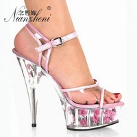 6 inch high heels sexy crystal open toe sandals flower full transparent 15cm model wedding pole dancing high heeled shoes pink
