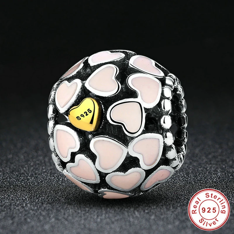 Подлинное серебро 925 пробы Изобилие любви розовый эмалевый Шарм подходит для DIY