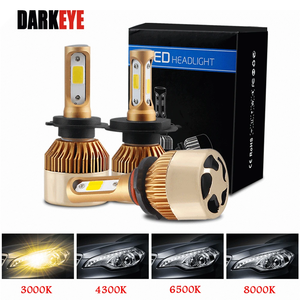 Darkeye H1 светодиодный H4 H11 H7 9005 9006 H8 H3 H9 880 9007 автомобильные лампы накаливания 60 Вт 8000LM 6500K 4300K 8000K 3000K COB светодиодный потолочный светильник, комплект из 2 предметов