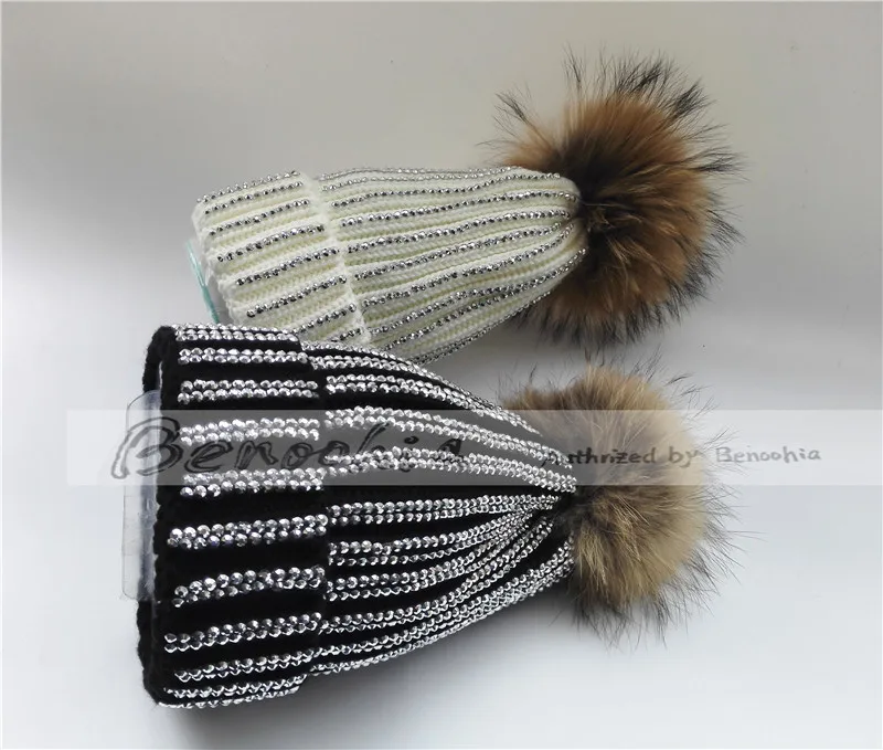 Зимняя женская Шапка бини в блестящем стиле|skullies cap|hat real furreal fur pom |
