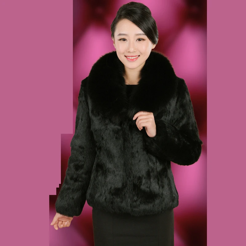 

Autumn and winter 2019 slim short women's full pelt rabbit fur coat outerwear women jacket with fox fur collar plus size S-5XL