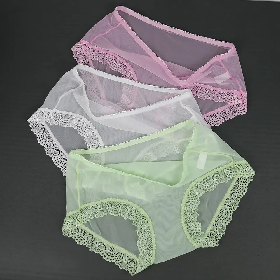 pink white green 3 шт., женские трусики, сексуальные сетчатые кружевные трусы, полностью прозрачное женское нижнее белье, Ультра тонкое нижнее белье со средней посадкой, Бесшовные дышащие трусики - Цвет: pink white green