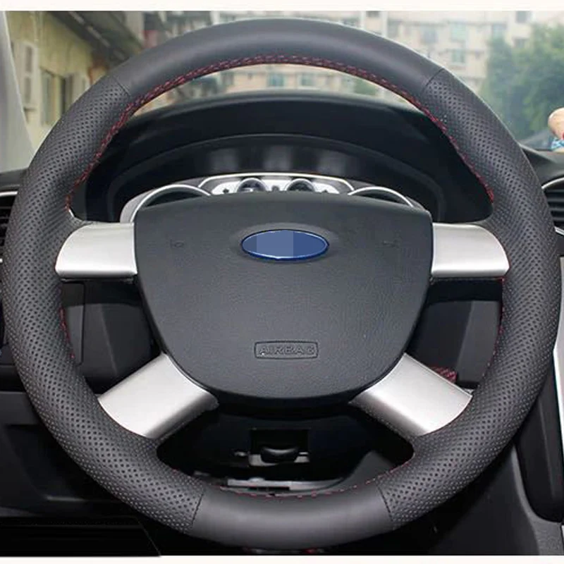 Черный кожаный сшитый вручную чехол рулевого колеса автомобиля для Ford Kuga 2008-2011 Focus 2