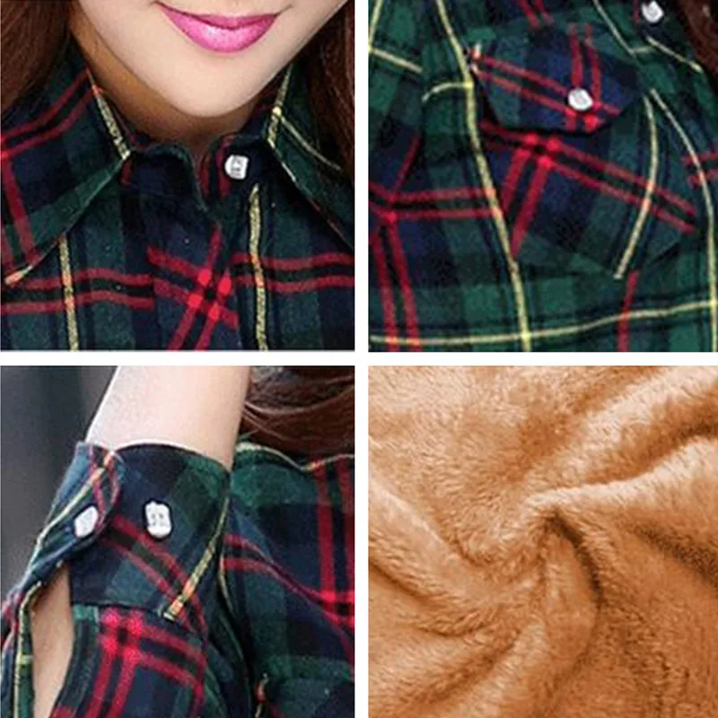 Разноцветная теплая женская рубашка в клетку с отложным воротником зимние