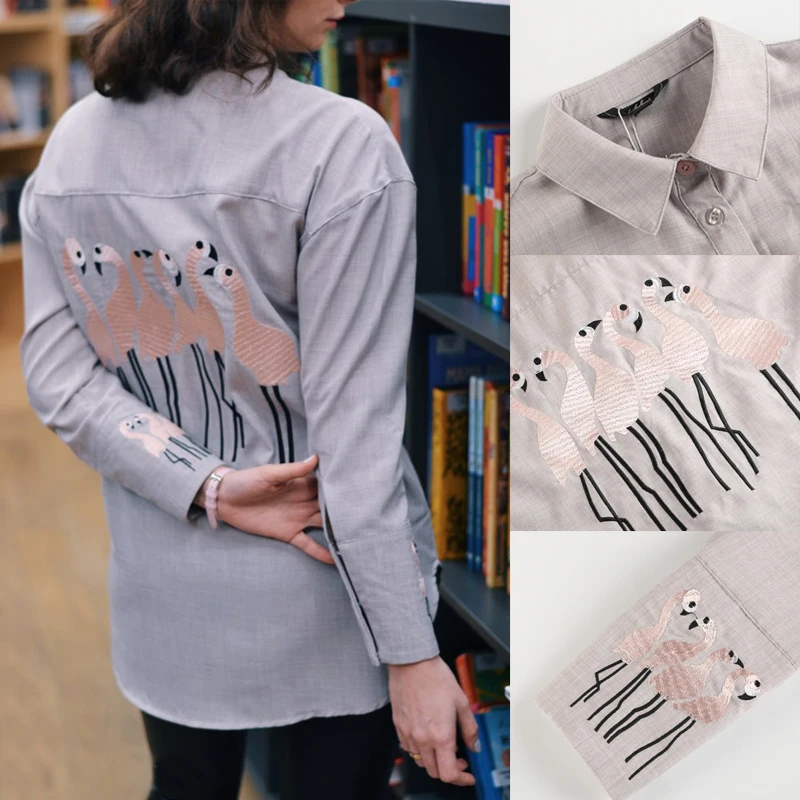 

Animal Embroidery Women Shirt 2019 Office Lady Shirts Casual Elegant Plus Size Tops Long Sleeve Turn-down Collar Women's Blouse