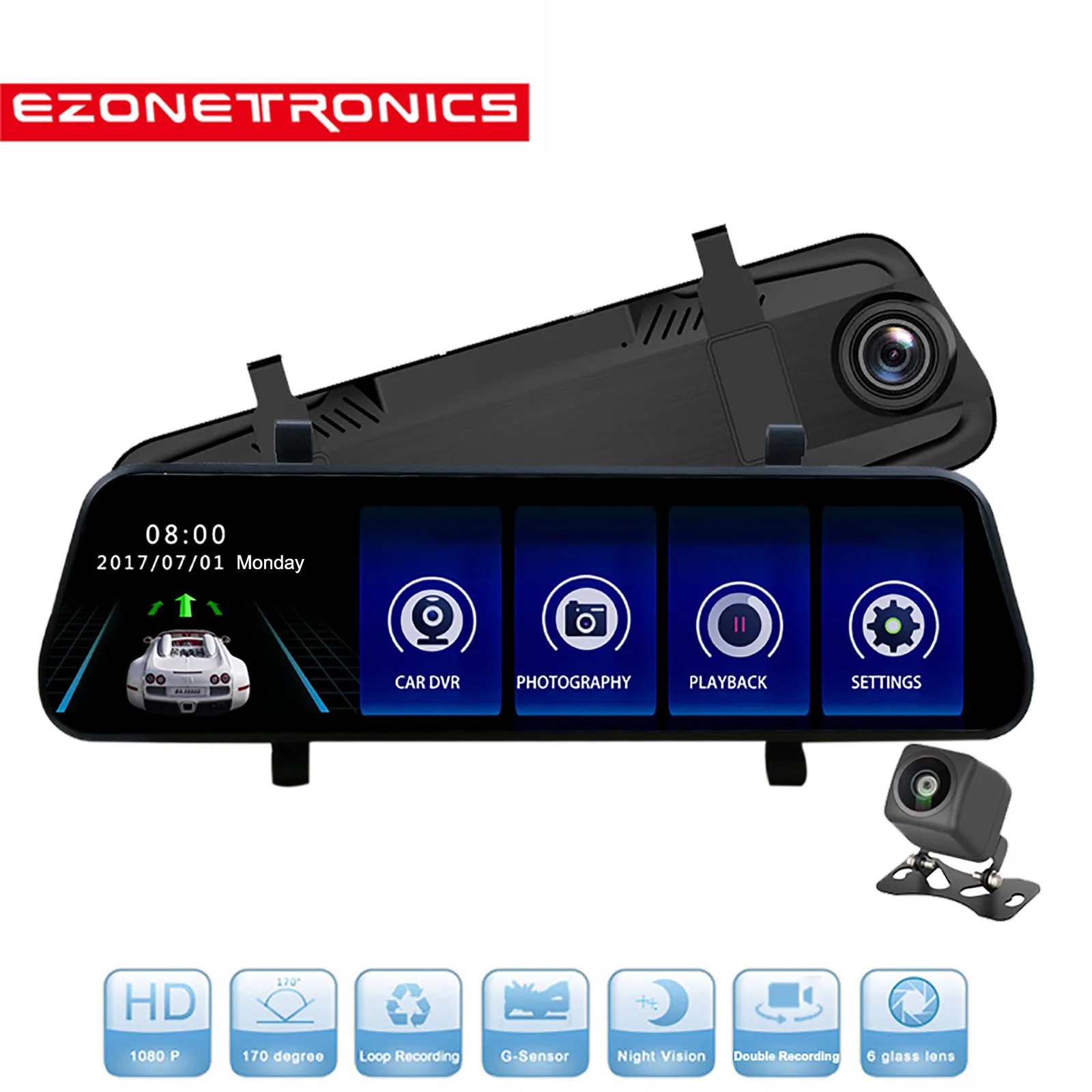 9.35" Full Touch Screen HD Mirror Dash Camera Dual Lens Reversing Backup Cam Car DVR with FHD 1080P Front and 720P Rear | Автомобили и