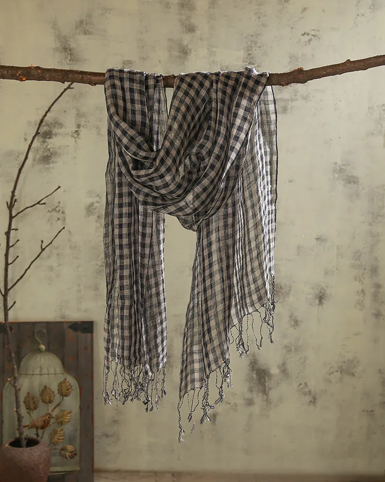 

100% linen small plaid scaves summer spring japanese style crepe air conditional shawls black white check weaved pashmina wraps