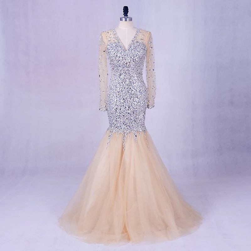 Robe De Soiree, вечернее платье с длинным рукавом,, Лори, кристаллы, блестящее шампанское, Русалка, платье для выпускного вечера, Формальные Длинные платья для свадеб