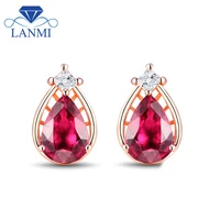 lanmi genuine natural pink stone 14k rose gold earrings pear 5x7mm pink tourmaline diamond stud earrings for party se0253