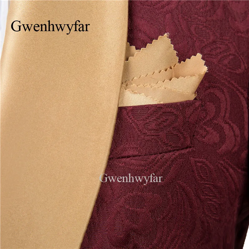 Gwenhwyfar на заказ винно-Красный жаккардовый мужской свадебный костюм 2018