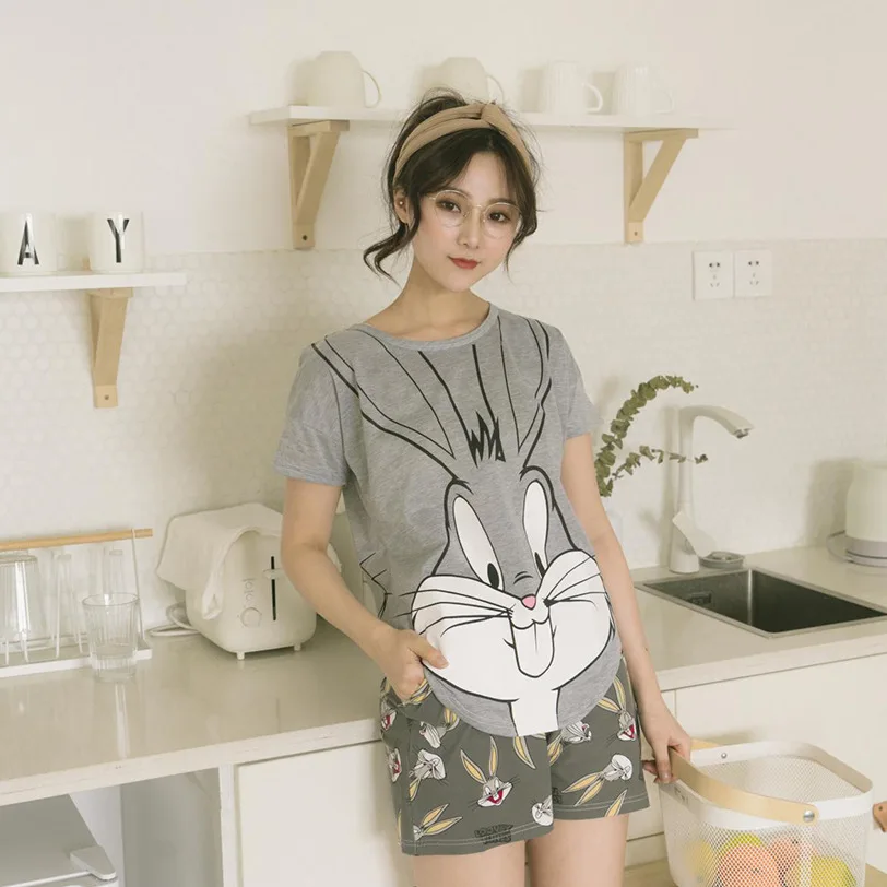 Summer women's thin section cute cartoon sleepwear shorts+ short-sleeved shirt pajamas set comfortable casual nightwear two-pie
