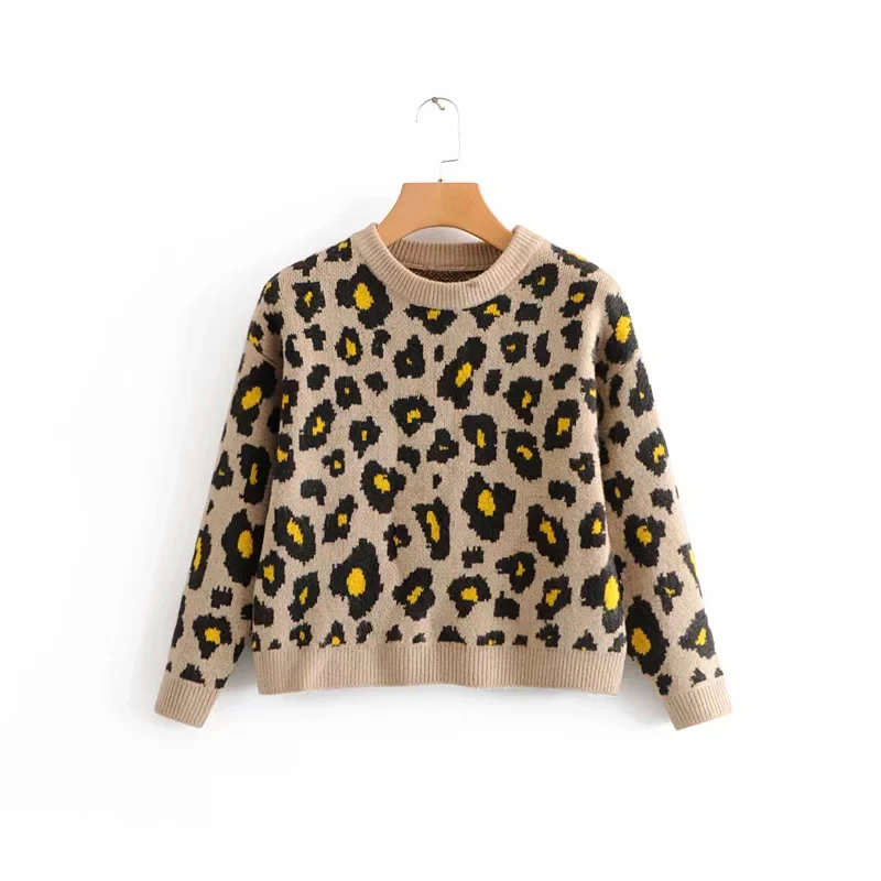 Женский леопардовый свитер вязаный пуловер с круглым вырезом Повседневный на