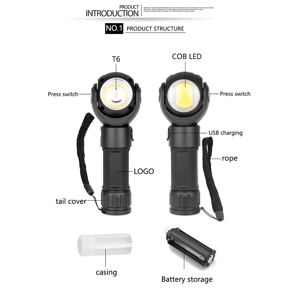 Практичный вращающийся фонарь T6 на 360 градусов+ COB Светодиодный фонарь Micro usb зарядка с аккумулятором 26650/18650 хвост с магнитом