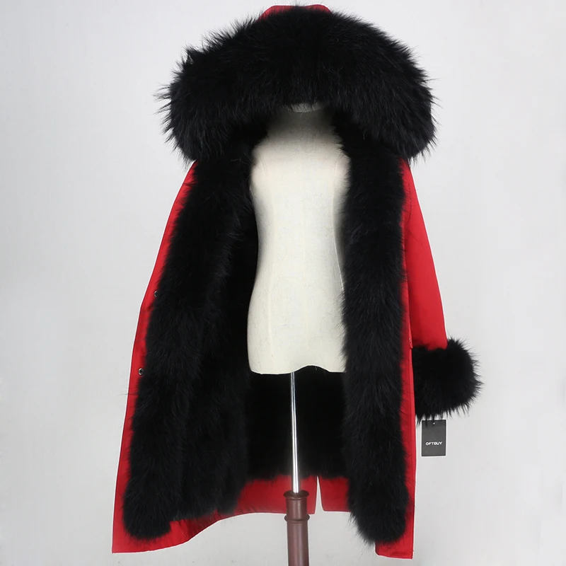 red black OFTBUY X-long Parka водонепроницаемая верхняя одежда зимняя куртка женская шуба из натурального меха енота Капор из норки съемная меховая подкладка - Цвет: red black