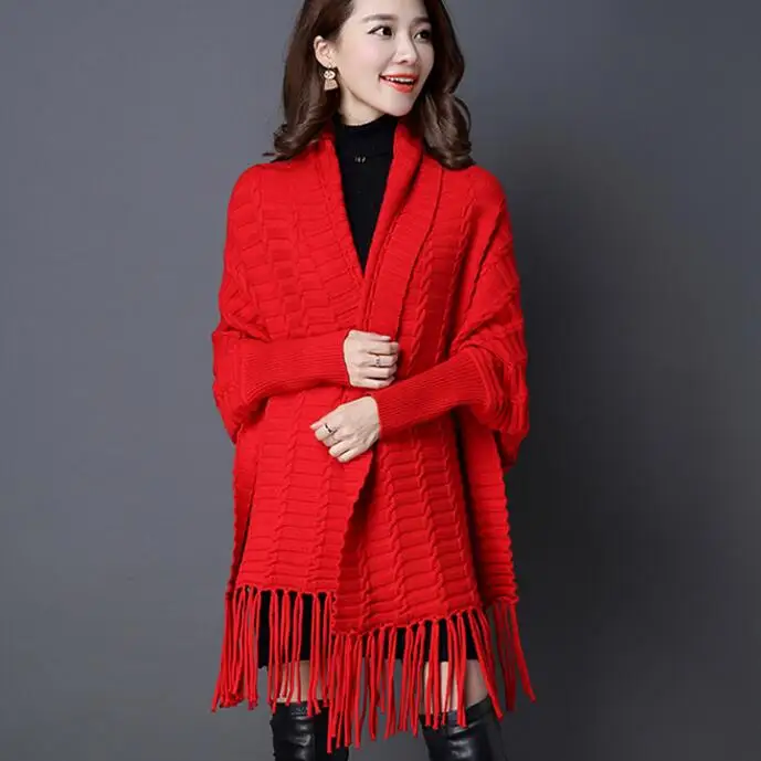 Women Sweaters And Cardigans Tassel Ponchos Capes Knit Long Bat Sleeve Colorful Shawl Female To Wear Wrap Swing Sweater |