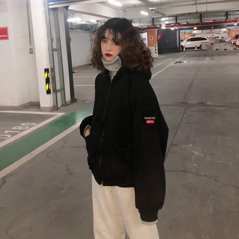 VANGULL/женские плотные спортивные куртки в стиле Харадзюку; Новинка года; сезон весна-осень; длинный рукав; Свободный кардиган на молнии; женское однотонное пальто с капюшоном