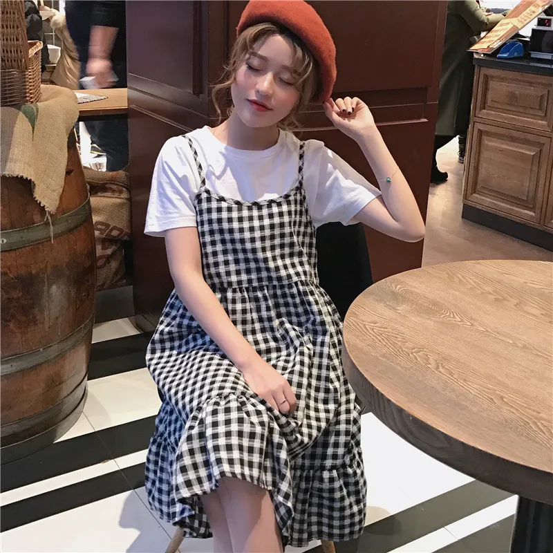 Summer Japanese Spaghetti Strap Plaid women Dress Soft Sister Sweet Small Lattice Fresh Student Sleeveless Camisole Female | Женская