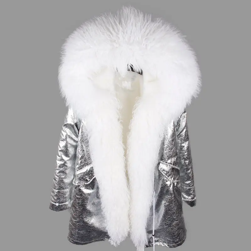 silver white OFTBUY, зимняя женская куртка, пальто из натурального меха, длинная парка, воротник из натурального меха монгольской овцы, Толстая теплая верхняя одежда с капюшоном, уличная одежда - Цвет: silver white