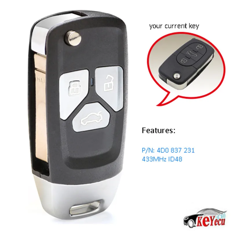 KEYECU Replacement Upgraded Replacement Flip Remote Key Fob 433MHz ID48 for Audi A3 A4 A6 A8 4D0 837 231