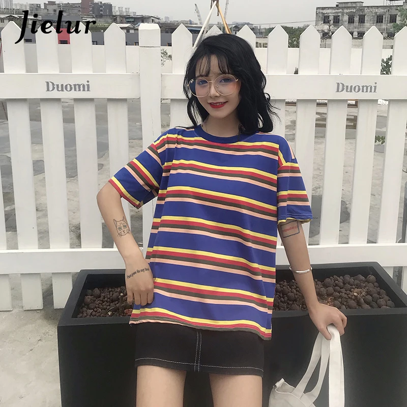 Jielur полосатая футболка Для женщин 2019 летнее платье в Корейском стиле для девочек