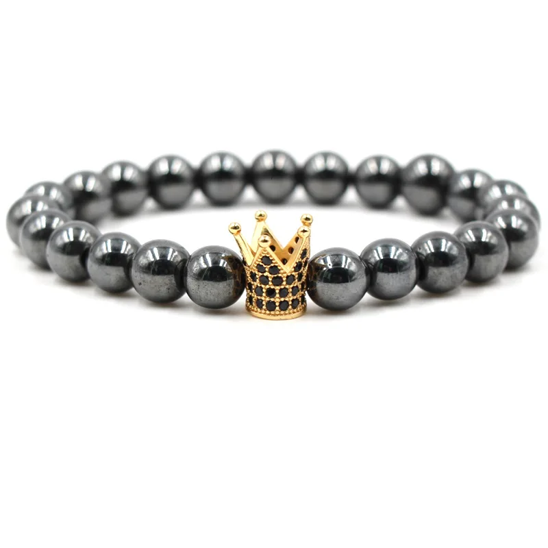 

2019 Popular New Foreign Trade Zircon Crown Bracelet 8mm Black Stone Accessories Charm Chain Elastic Bracelet