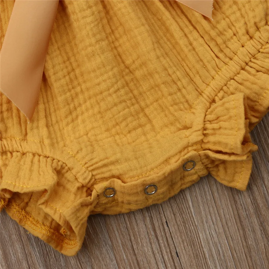 Комбинезон для новорожденных девочек из хлопка и льна с бантом летняя одежда без